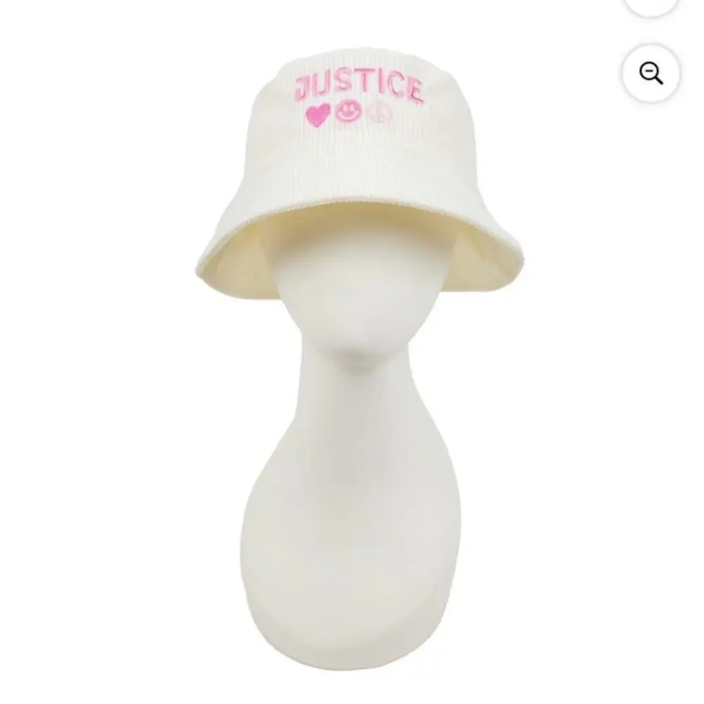 Justice Girls Bucket Style Hat White Corduroy Pink Embroidery‎ New with Tags